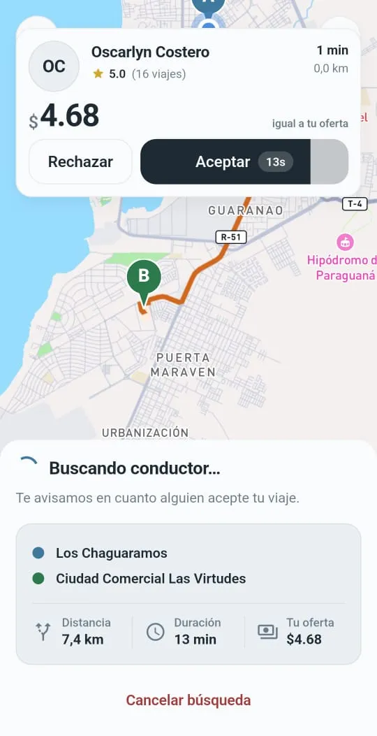 Pantalla de Limmu buscando conductor, mostrando tu oferta de viaje