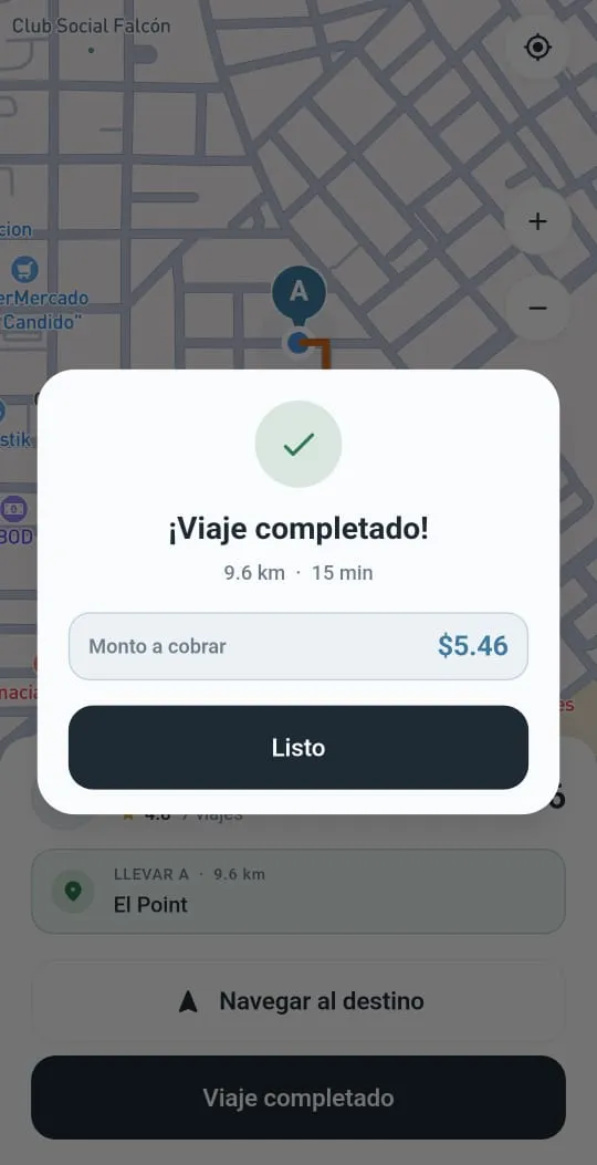 Pantalla de Limmu Driver con el aviso "¡Viaje completado!", la distancia, el tiempo y el monto a cobrar.