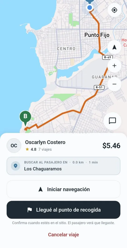 Pantalla de Limmu Driver con el mapa de la ruta hacia el punto de recogida y el botón "Llegué al punto de recogida".