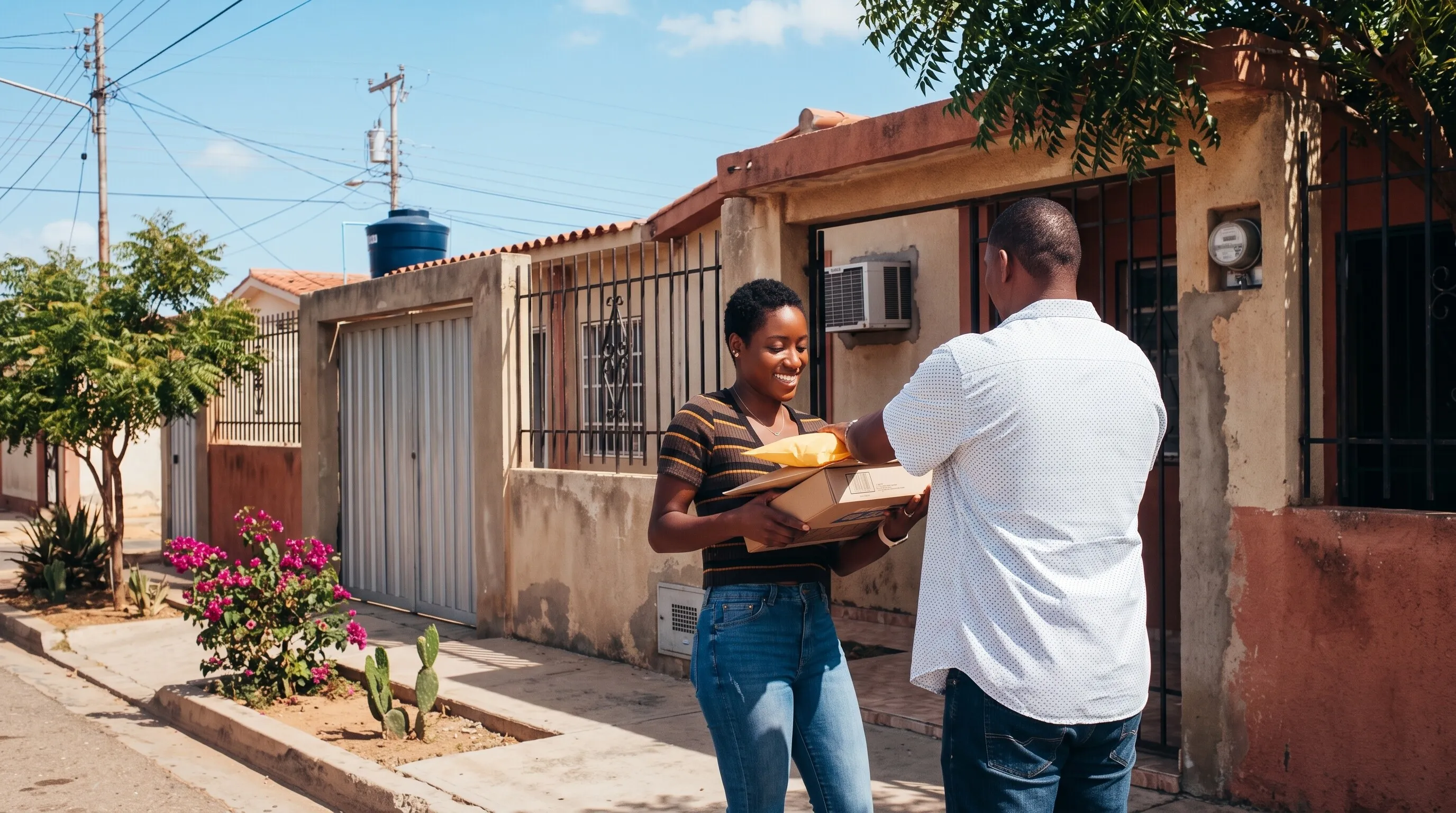 En la acera, frente a su casa, una mujer recibe sonriendo los paquetes que le entrega un hombre.