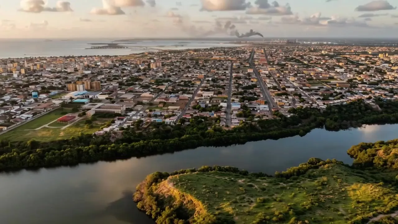 Vista aérea de la ciudad al atardecer: el mar en el horizonte, las avenidas y una laguna con manglar en primer plano.